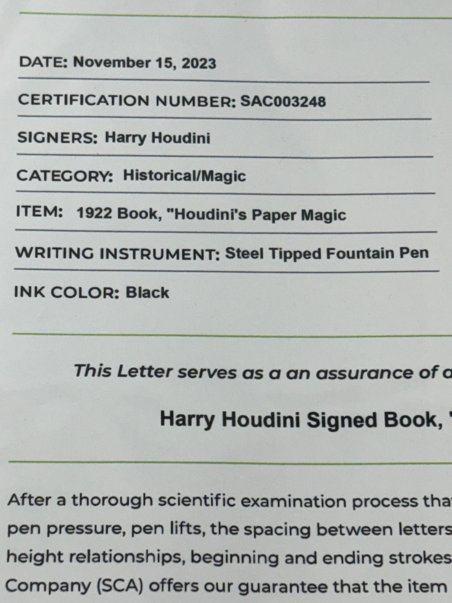 Harry Houdini Autographed copy of Houdinis Paper Magic with COA